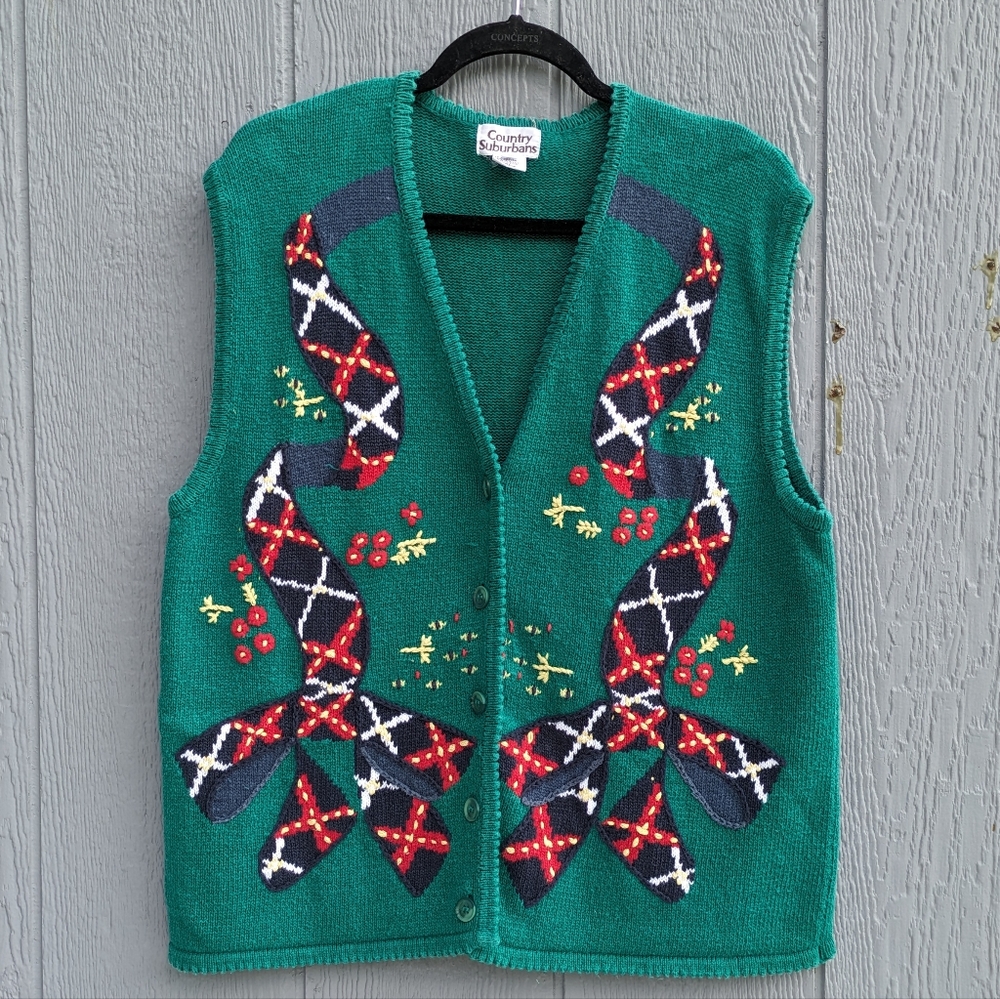 Vintage Country Suburbans Christmas Bow Knit Vest‎ Large